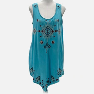 Johnny Was Cross Stitched Tunic Length Tank Top Raw Hem in Blue - Size Small
